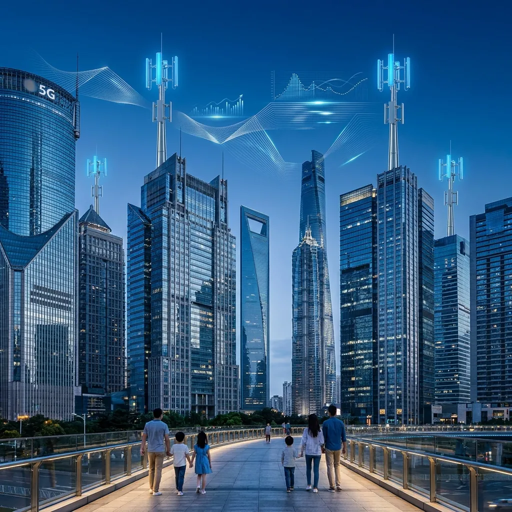 Modern urban skyline with 5G network towers and technology elements